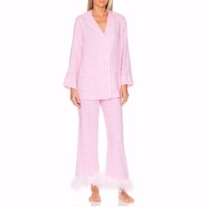 NEW Revolve Sleeper Party Pajama Set with Feathers Pink Vichy Medium
